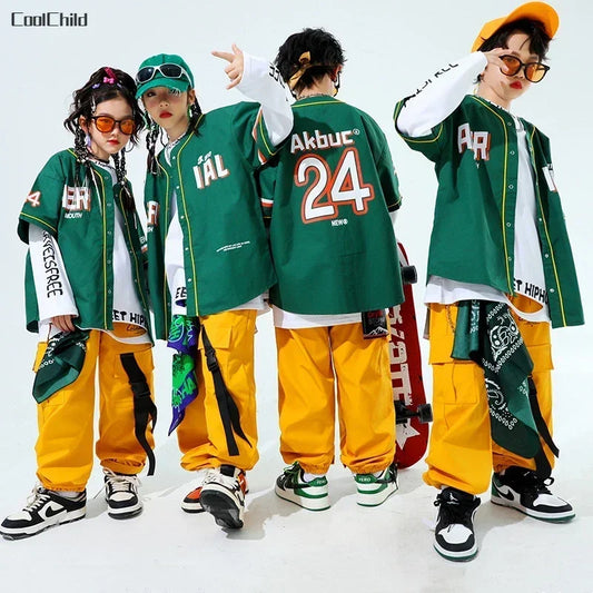 Hip Hop Boys Fashion Baseball Jacket Solid Caro Pants Girls Cool Streetwear Children Jazz Clothes Sets Kids Street Dance Costume