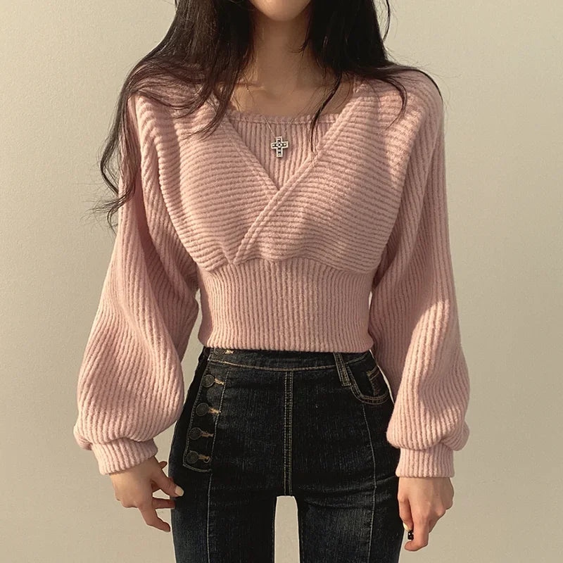 Knitted Sweaters Two Piece Korean Fashion Slim Sleeveless Strap Tank + V Neck Long Puff Sleeve Pullover Crop Top Dropshipping