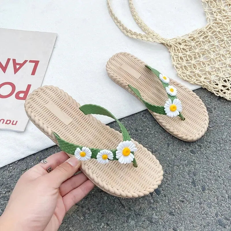Women's Outer Wear Floral Summer Flip Flops Korean Style Wear-resistant Ladies Flat Sandals Beach Slippers