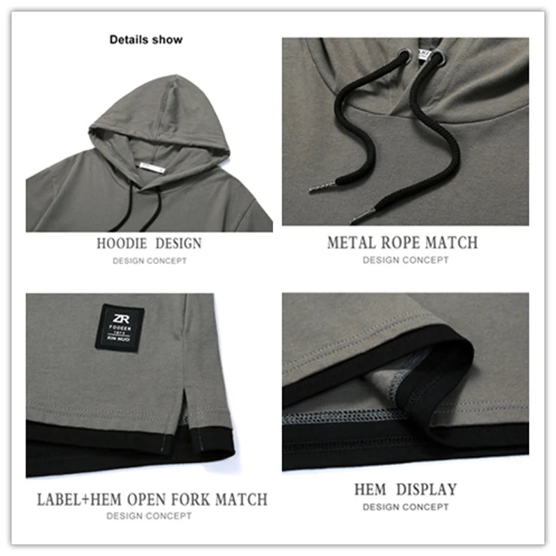 False Two Short Sleeve T-shirt Men's Hoods Casual Loose Summer New Solid Color Stitching Cotton Top Tee
