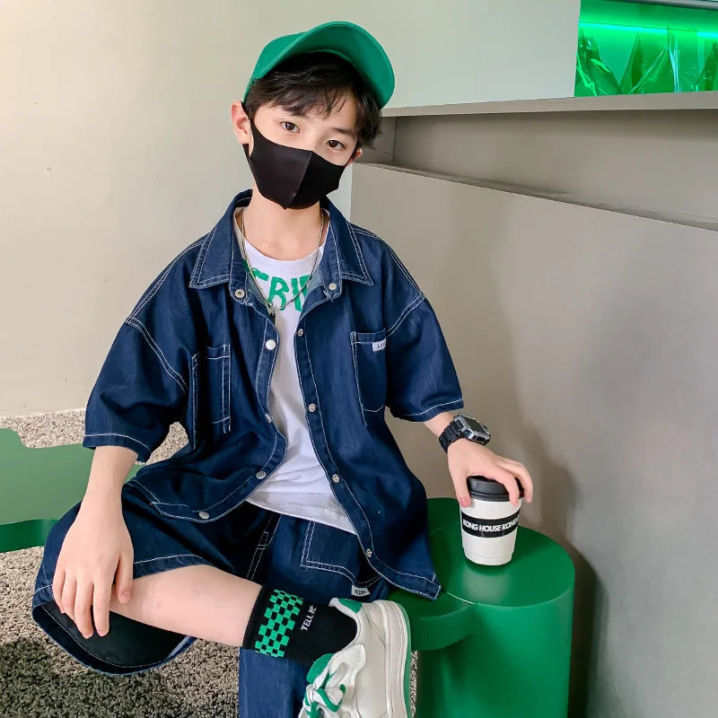 Boys Summer Denim Short Sleeve Coat + Shorts 2Pcs/Set Kids Outfits Korean Style Children Fashion Clothing Suits
