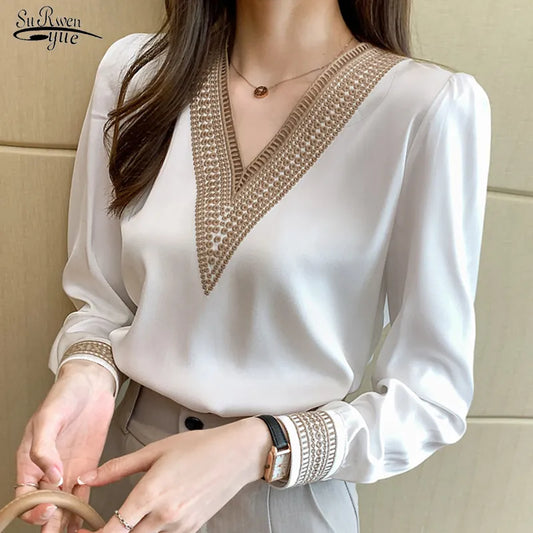 Women Elegant Chiffon Shirts New Fashion White V Neck Casual Loose Long Sleeve Blouses Top