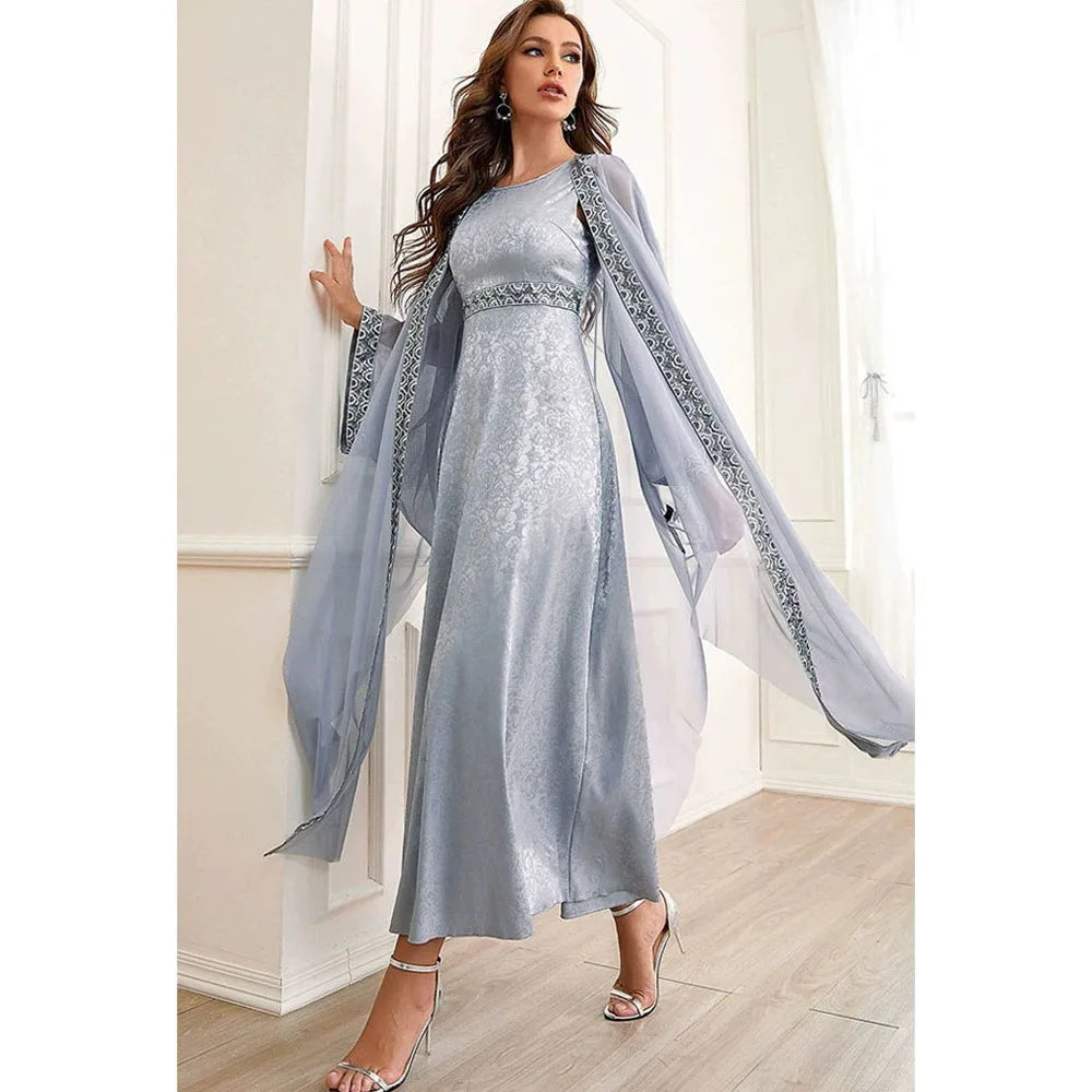 Gray Embroidery Muslim Matching Set Kimono Cardigan Open Abaya Women Maxi Dress Islamic Jalabiya Ramadan Eid Outfit Robe