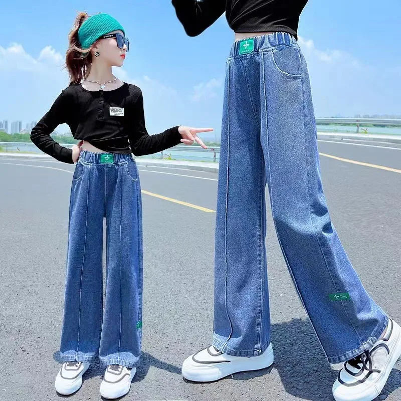 Children's High Waisted Straight Fit Ripped Jeans With Holes For Girls Casual Denim  kids Pants