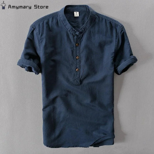 Men Casual Cotton Linen Shirts Autumn Brand Short Sleeve Shirt Mandarin Collar Solid Color Retro Shirt Tees