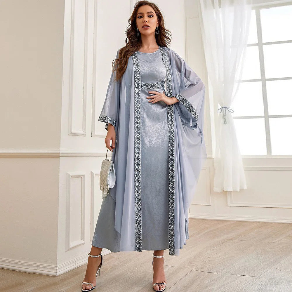 Gray Embroidery Muslim Matching Set Kimono Cardigan Open Abaya Women Maxi Dress Islamic Jalabiya Ramadan Eid Outfit Robe