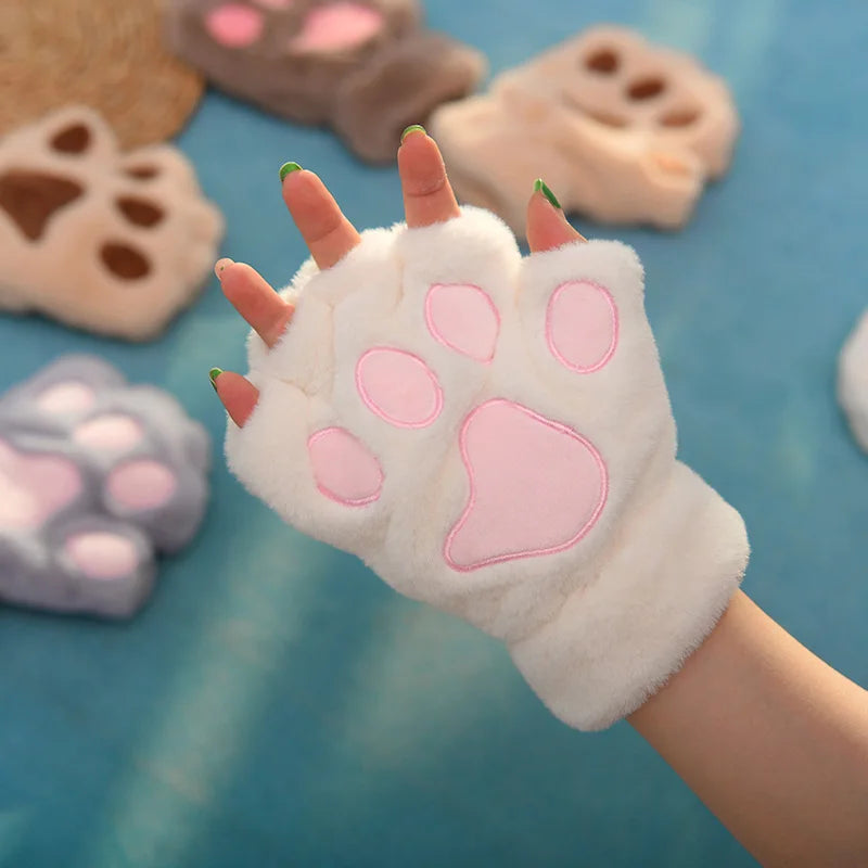 Women Cute Cartoon Cat Paw Gloves Girls Winter Thermal Fingerless Gloves Warm Soft Short Plush Half Finger Gloves