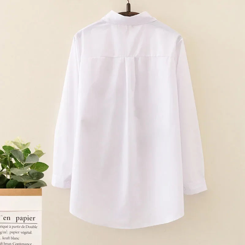 White Women Blouse Long Sleeve Cotton Embroidery Blouse Lady Casual Button Design Turn Down Collar Female Shirt