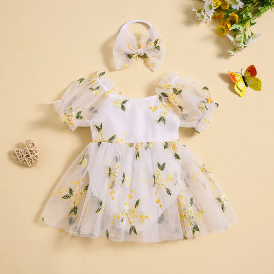 Newborn Baby Girl Puff Sleeve Embroidery Leaves A-line Romper Dress with Bowknot Headband Summer Cute Clothes