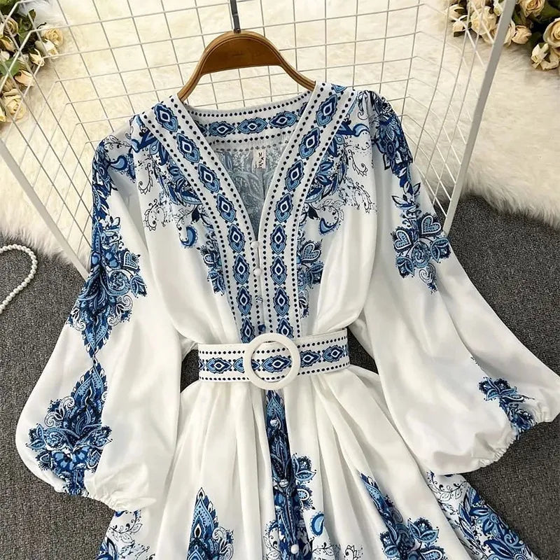 Women Bohemian Dress Spring Summer Print Long Lantern Sleeve V Neck Corset Slim Button Pleated Dress Women Vacation Dress