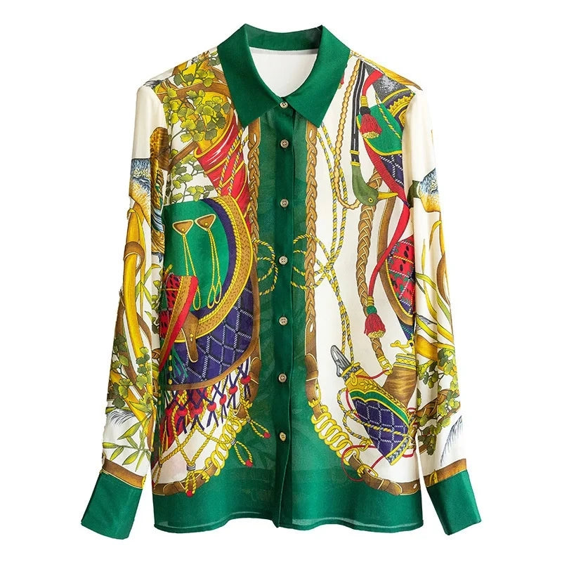 Women Spring Summer Satin blouses Blouses Shirt Lady Casual Long Sleeve Turn-down Collar Print Slim Tops