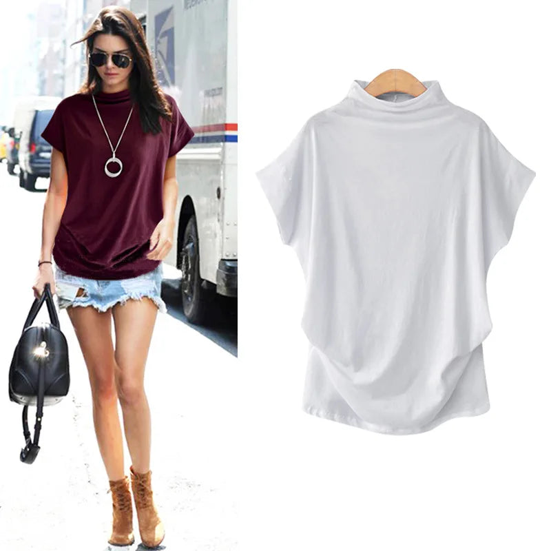 Women Tops Korean Style  Women Cotton Blouse Short Sleeve O-Neck Blouse Female Turtleneck Blouse