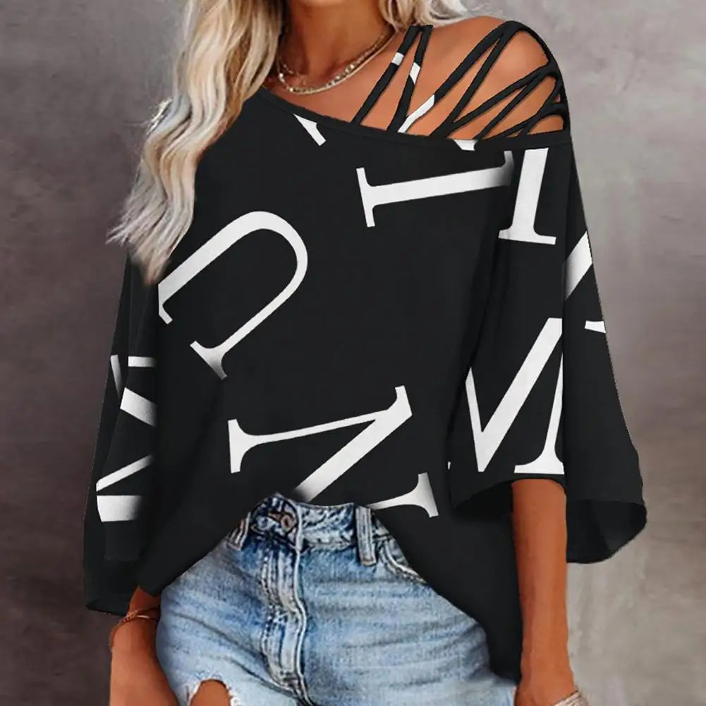 Soft Women Blouse Soft Breathable Women's T-shirt Hollow Out One Shoulder Oblique Neck Solid Color Letter Print Loose Fit Three