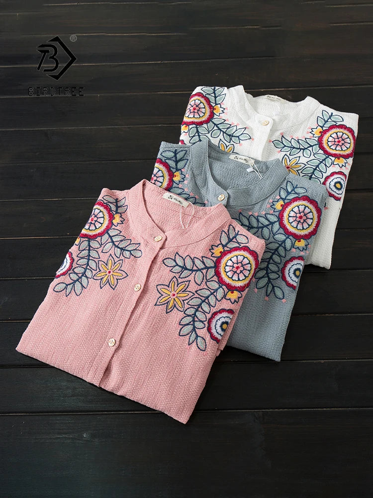 Women Vintage Floral Embroidery Cotton White Long  Shirt Stand Collar Button Up Blouse Casual Wear Basic Loose Tops