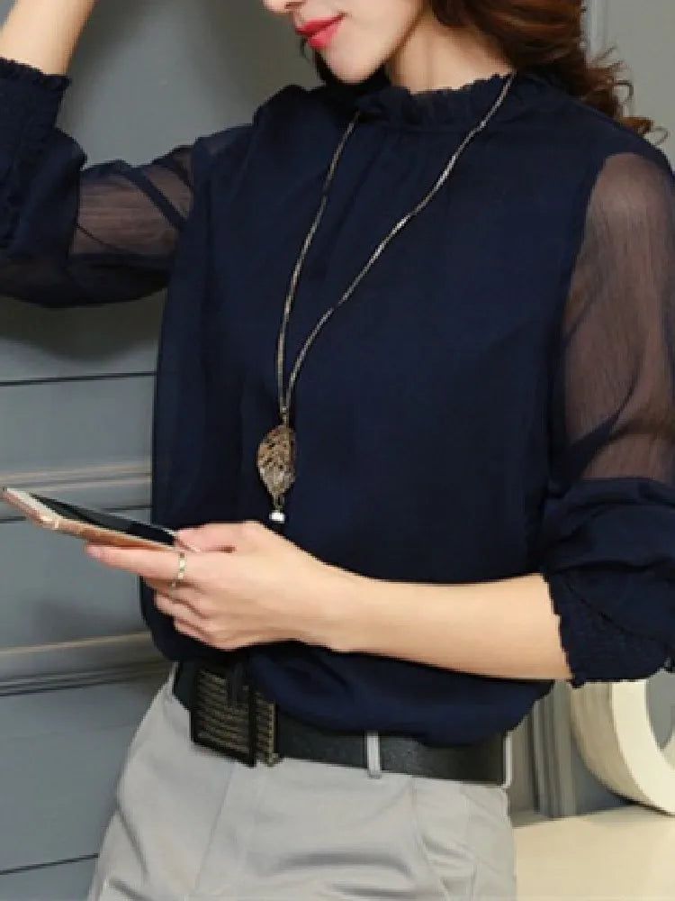 Lace Chiffon Shirt Women's Mesh Ruffled Long Sleeve Fashion Casual Top Shirts Elegant Whiter Green Tops Blouse