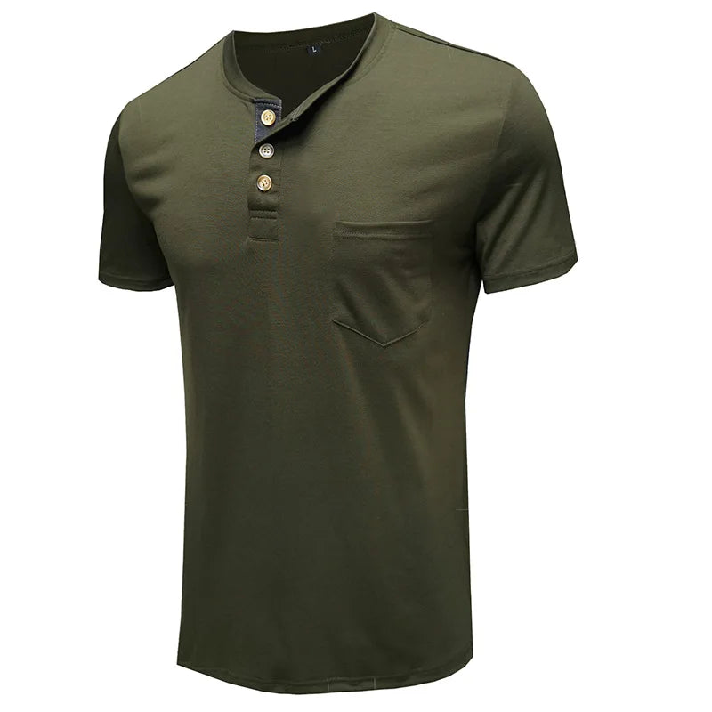 Summer Men's Short Sleeved T-shirts Henley Collar Solid Casual Top Single Breasted Pocket TShirt Soft Comfy Bottoming Shirt