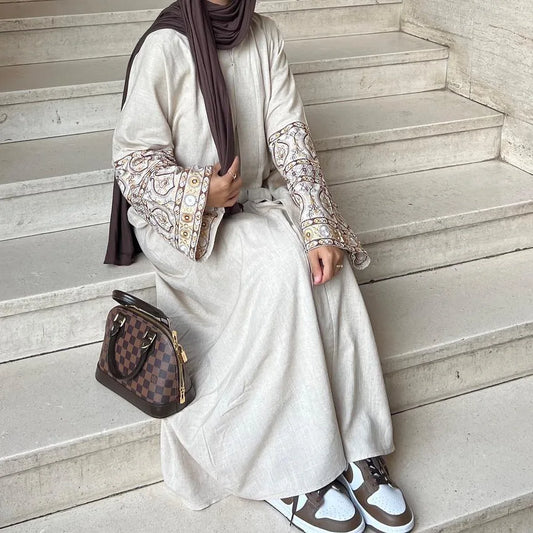 Cotton Linen Open Abaya with Embroidery Kimono Muslim Hijab Dress Abayas for Women Dubai Luxury Turkey Kaftan Islamic Clothing