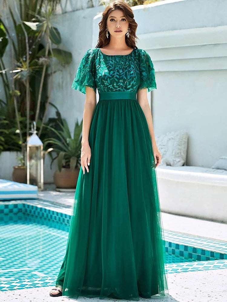 Women Elegant Long Dresses  New Luxury Designer Short Sleeve Lace Mesh Sequin Formal Turkish Wedding Evening Party Prom Robe