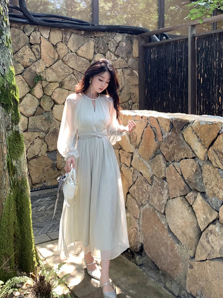 Autumn Casual Elegant Chiffon Dress Vintage Even Party Midi Dress Women Outwear One Piece Dress Chic Fashion