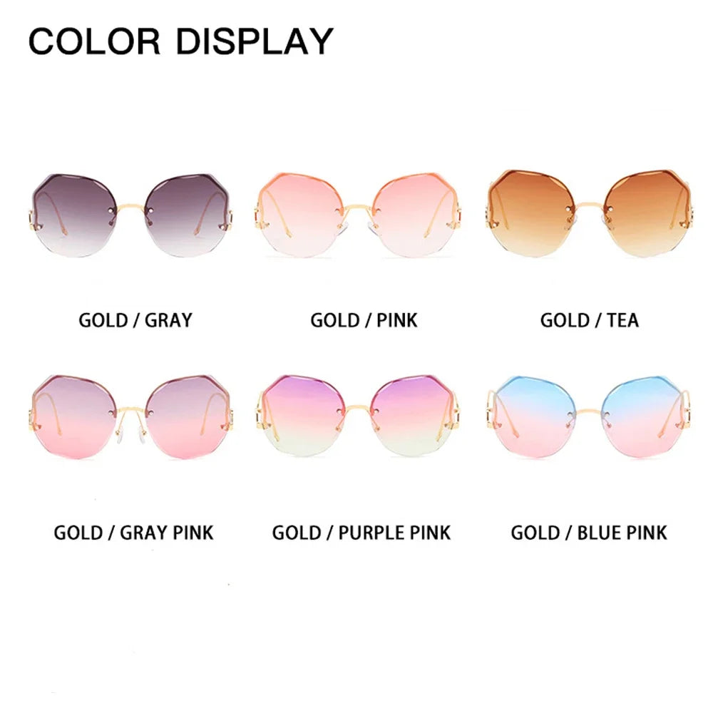 Irregular Round Sunglasses Women Brand Designer Gradient Fashion Sun Glasses Female Rimless Metal Curved Temples Oculos De Sol
