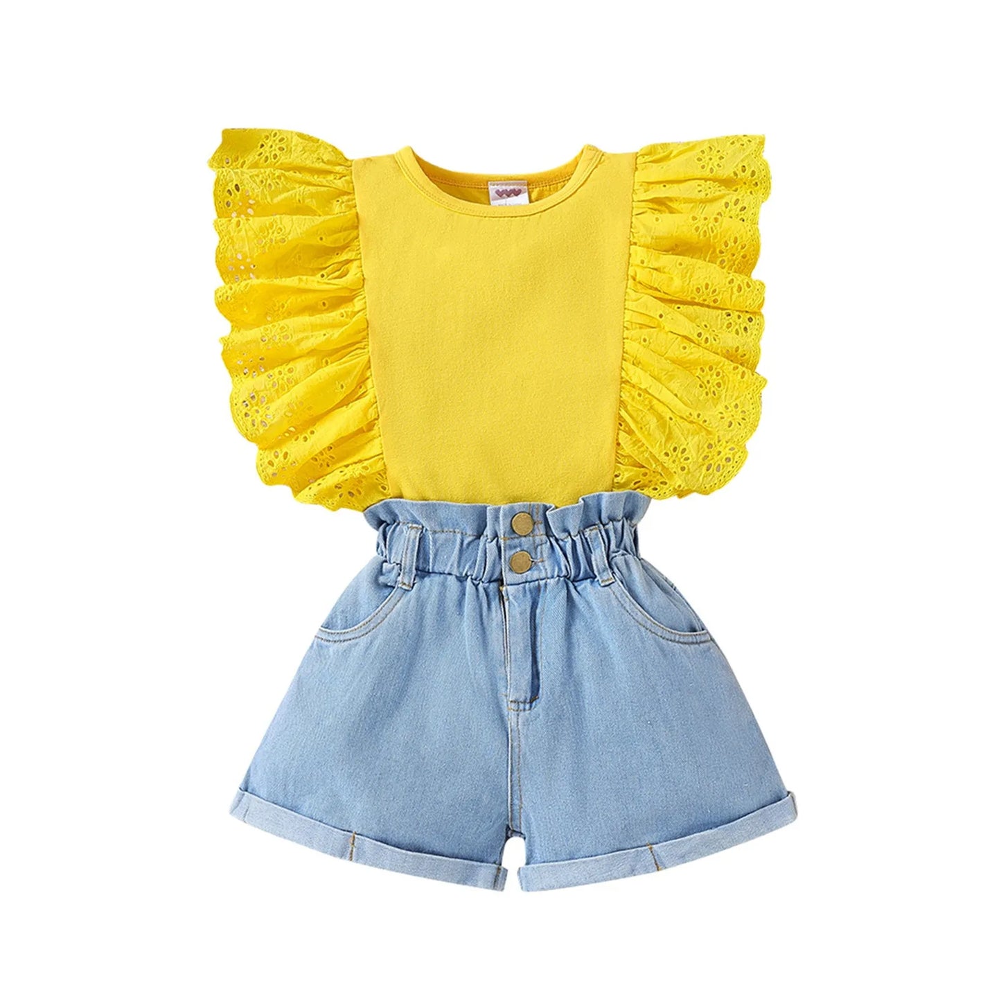 Kids Girls Clothes Set Summer Solid Cotton Ruffle Sleeveless Vest Jeans Shorts Outfits Children Clothing Girl 5 6 7 8 9 10 Years toddlers
