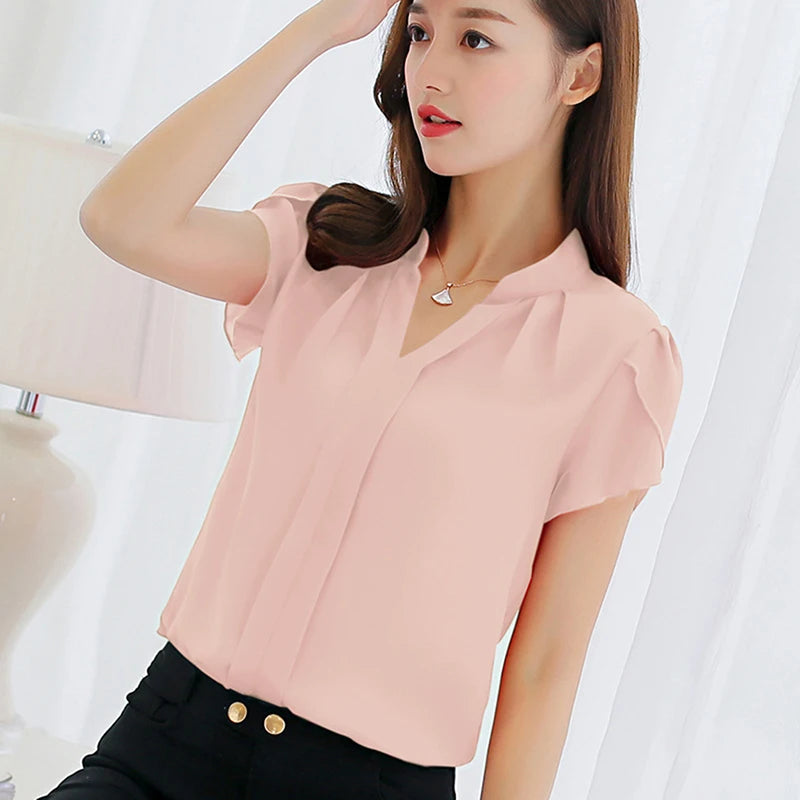 White Women Shirt Chiffon Blusas Femininas Tops Short Sleeve Elegant Ladies Formal Office Blouse Chiffon Shirt Women T Shirt Top