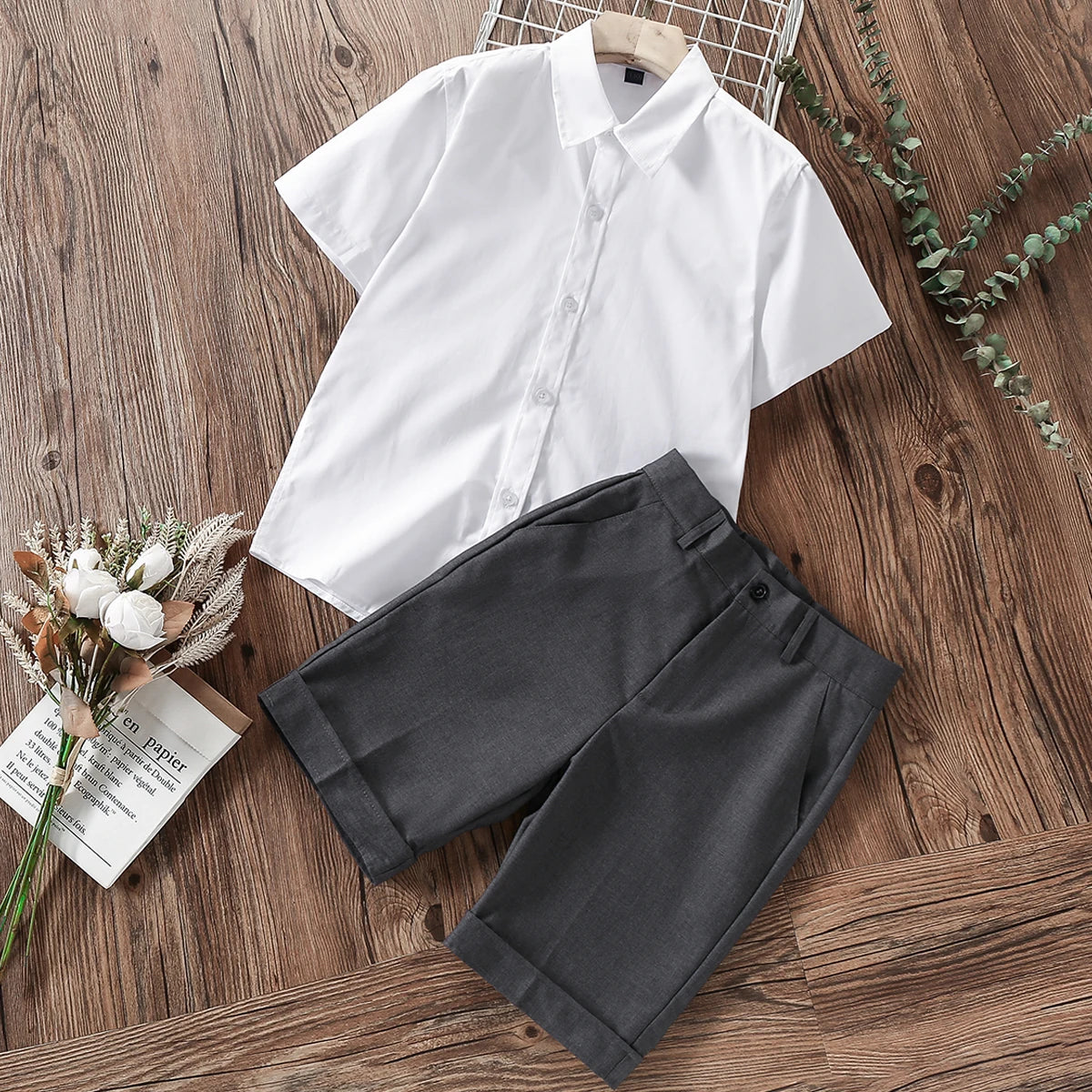 Summer  Kids Shirts for Boys White Blouses Short Sleeve Children Costumes Teenagers Preppy Tops 8 10 12 14 Years