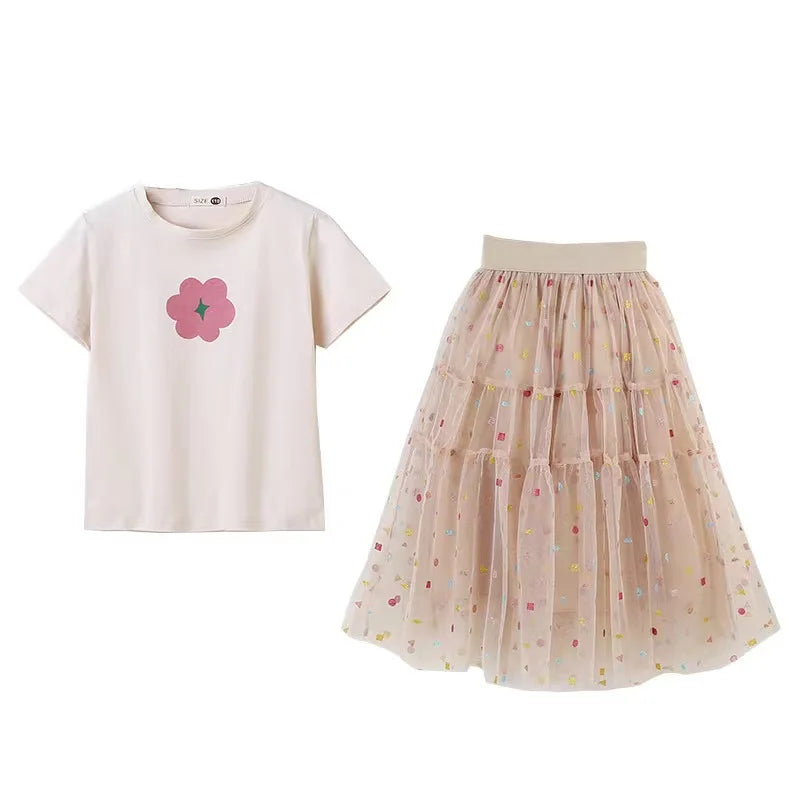 Fashion Girls Dress Summer Kids T-shirt + Dress 2PCS School Casual Children Short Sleeve Dresses For Girl Teen