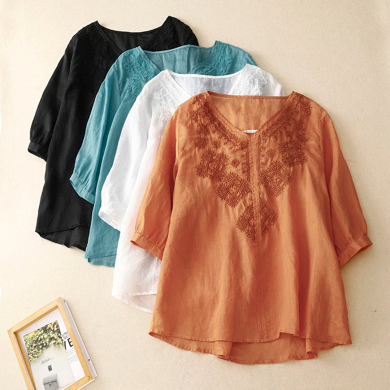 Summer Breathable Ramie Tops Loose Short Sleeve Shirts V-Neck Floral Embroidery Blouse Female Tees All Match