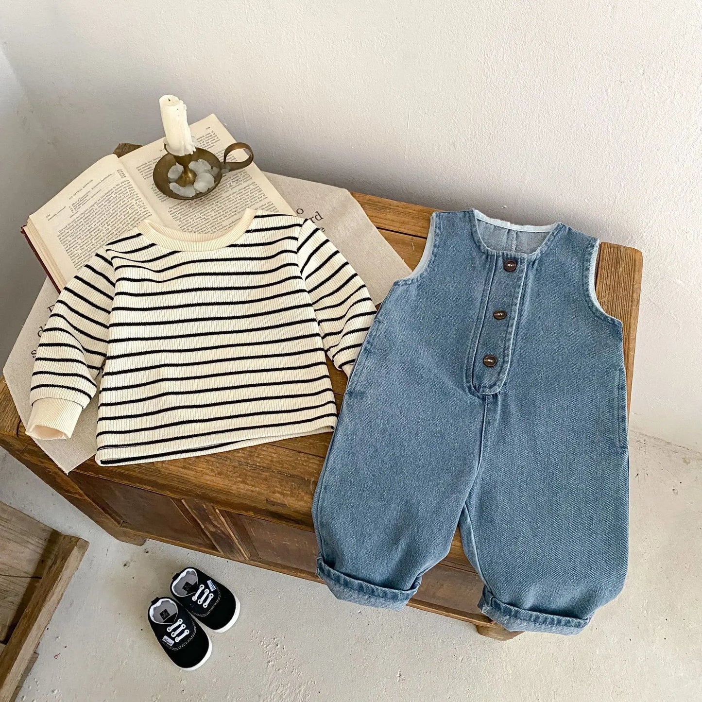 Spring New Baby Denim Romper Set Infant Boy Girl Sleeveless Jumpsuit + Striped Tops 2pcs Suit Toddler Overalls Outfits