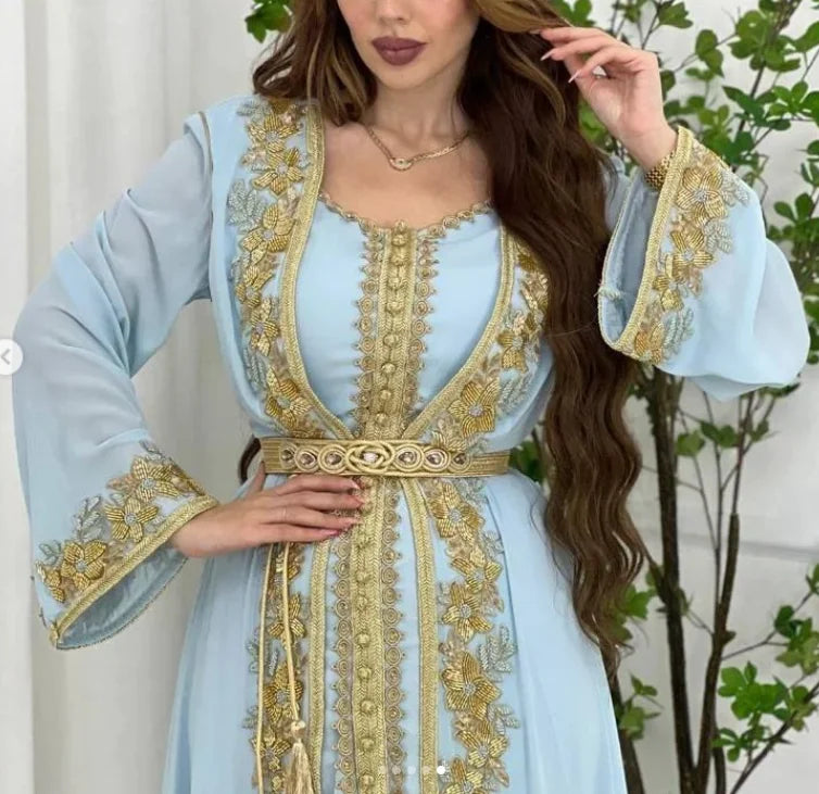 Formal Dresses Abaya With Belt For Women Turkey 2 Pieces Set Muslim Moroccan Caftan Kaftan Beaded Print Abaya For Wedding Party
