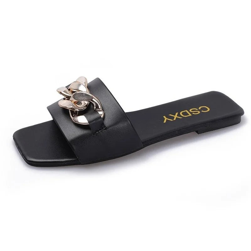 New Fashion Women's Slippers Square Toe Chain Slippers Flat Slide Sandals Beach Flip Flops Metal Decoration Casual Shoes