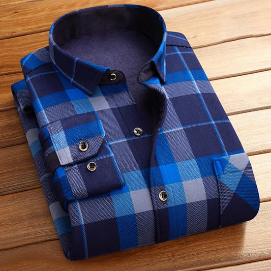 Men Fall Winter Shirt Plaid Print Thick Plush Shirt Long Sleeve Lapel Single-breasted Men Fleece Shirt Men Casual Cardigan Shirt