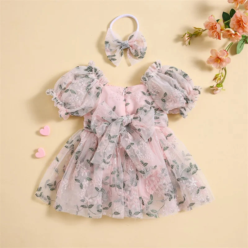 Newborn Baby Girl Puff Sleeve Embroidery Leaves A-line Romper Dress with Bowknot Headband Summer Cute Clothes