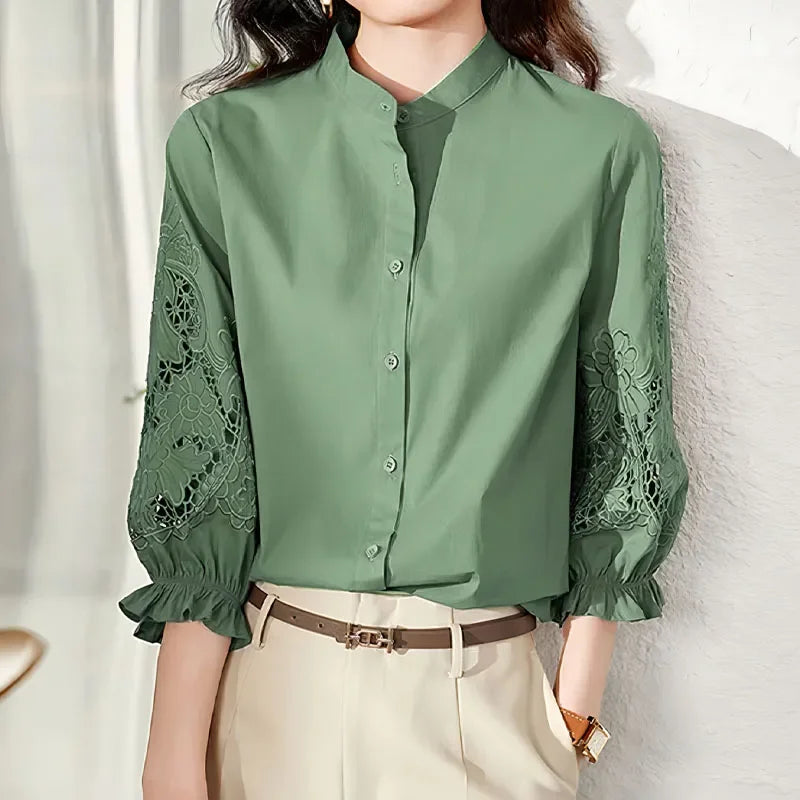 Elegant Fashion Hollow Out Embroidery Spliced Shirt Women's Clothing Spring Loose All-match Solid Button Blouse for Female