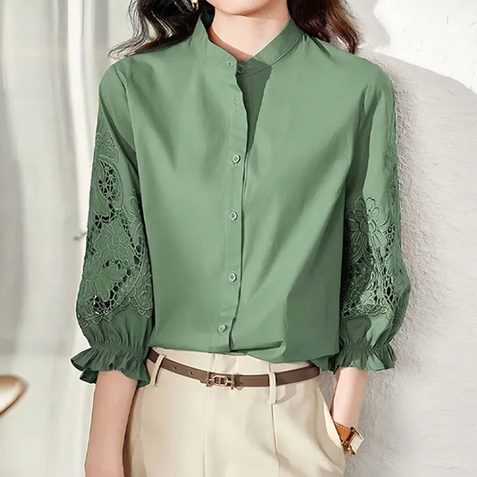 Elegant Fashion Hollow Out Embroidery Spliced Shirt Women's Clothing Spring Loose All-match Solid Button Blouse for Female