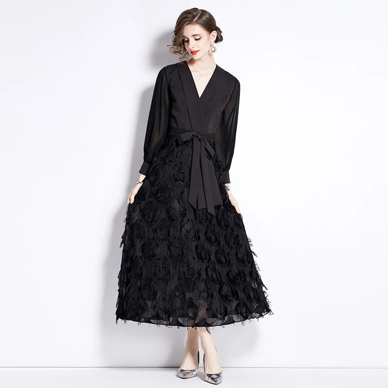 Socialite Party Vestido Women  Spring New V-Neck French Puffed Sleeve Tassel Stitching Elegant Ball Black Dress