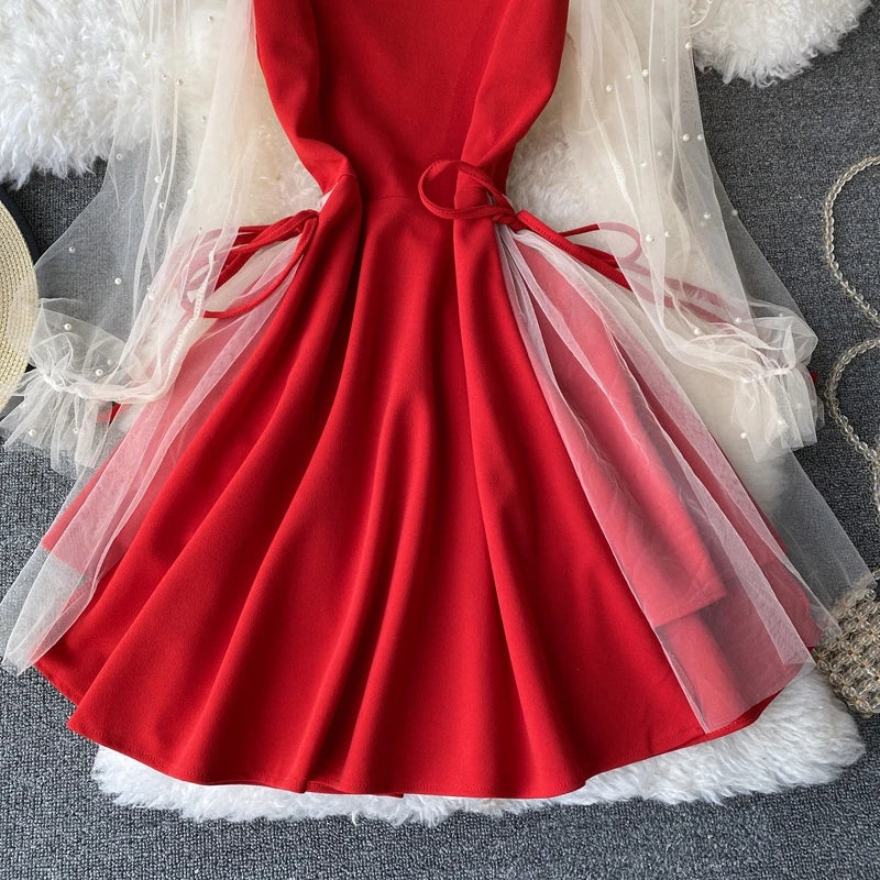 Spring Summer Dress Elegant Women Black Red Bandage Mini Dress Puff Sleeve V-neck Mesh Beading A-line Korean Party Vestidos