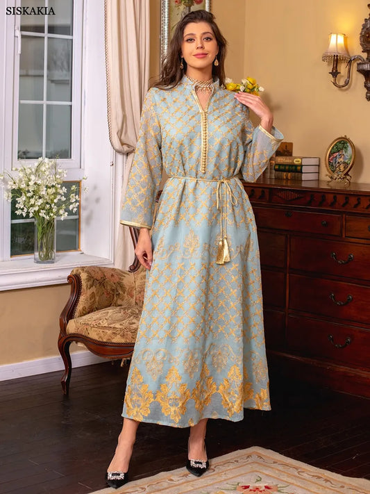 Ramadan Dresses Elegant Ethnic Floral Embroidery Kaftan Dress Moroccan Muslim Dubai Abaya Luxury Women Clothes