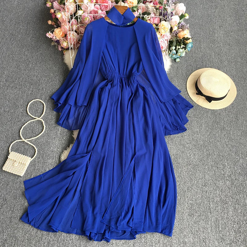 Solid Clothes Sweet Women Chic Female Ladies Vestido Butterfly Sleeve O Neck Folds Fashion A Line Elegant Casual Party Dress