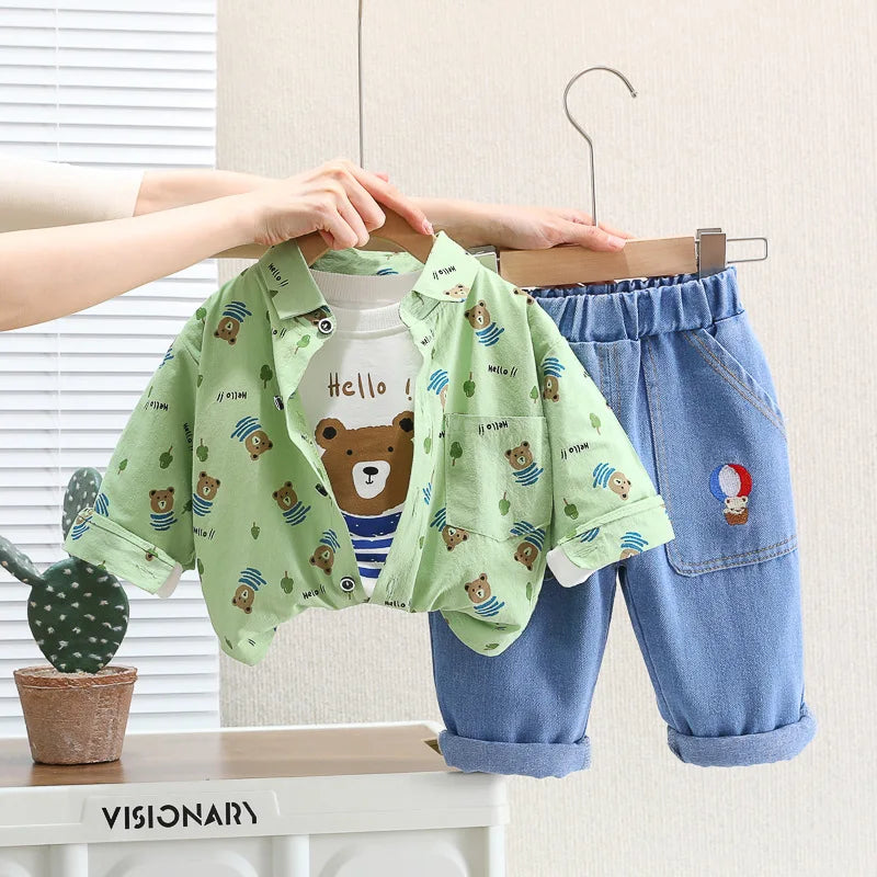 autumn new fashion children's clothing baby cartoon dinosaur cute set boy's solid color Plaid Shirt jeans three piece set