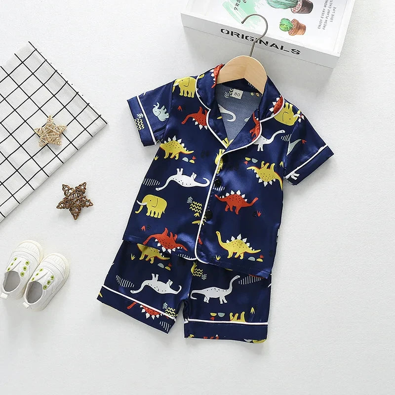 Kids Ice Silk Pajama Set Summer Baby Boys Silk Satin Cardigan Short Sleeve+Shorts 2Pcs Sets Children Casual Home Sleepwear