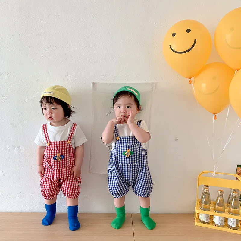 Summer Children's Set Baby's Short Sleeve+Plaid Strap Pants Cute Summer Clothing