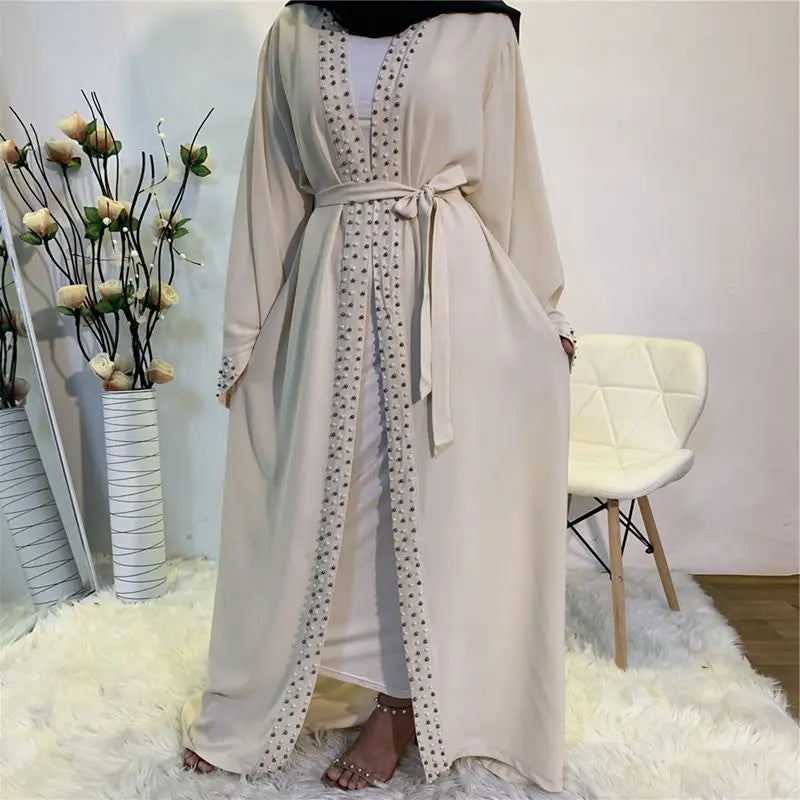 Abaya For Women Elegant Pure Color Muslim Pearl Trim Cardigan Long Sleeves Robe