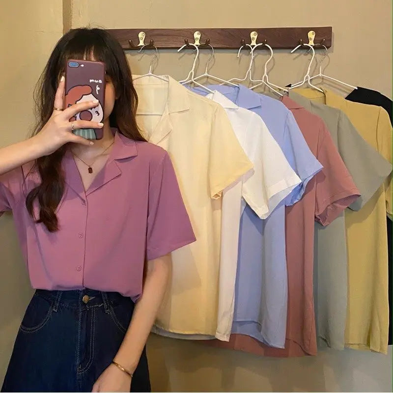 Shirts Women Korean Short Sleeve Turn Down Collar Loose Blouse Retro Elegant All Match Solid Basic Casual Top