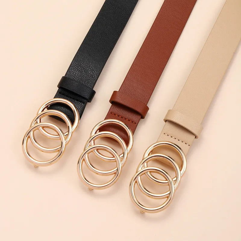 stylish women's belt with three ring alloy buckle decoration for women's trendy versatile belt