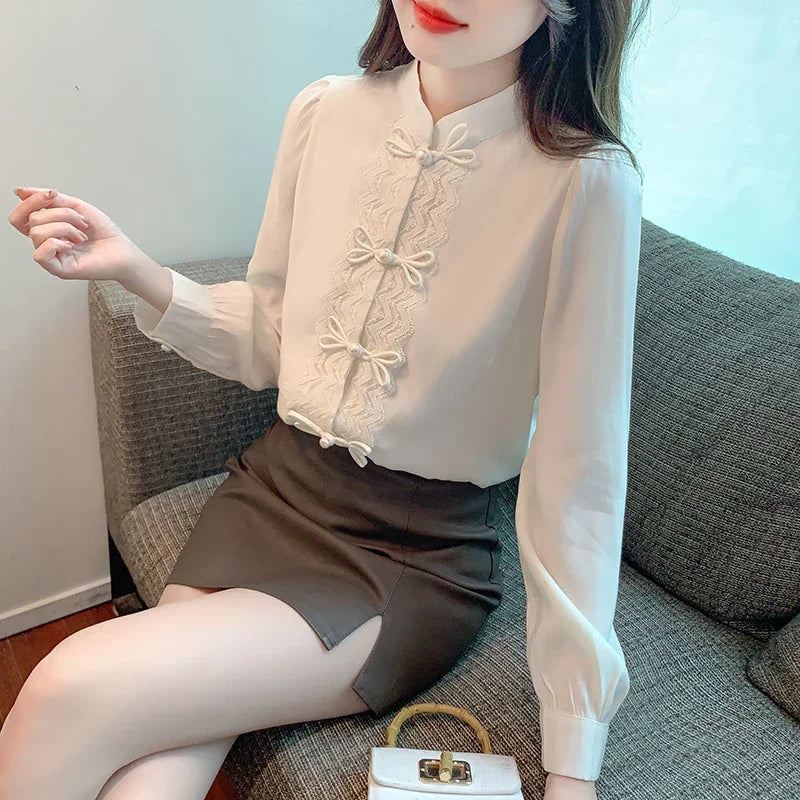 Chiffon Women's Shirts Loose Patchwork Chinese Style Blouses Spring/Summer Silk Fashion Clothing Vintage Women Tops
