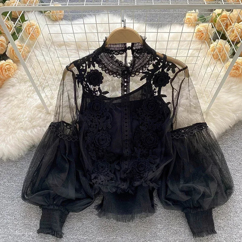 Women Tops Fashion Sexy Sheer Lace Blouse Lantern Sleeve 3D Floral Blouses Shirts Elegant  Tops For Women