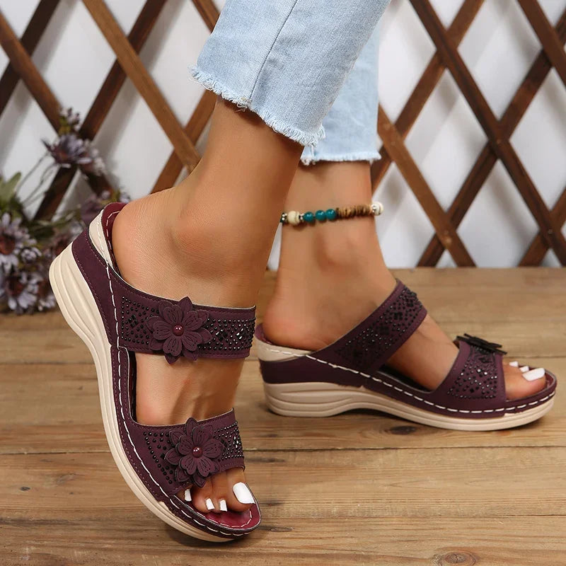 Summer Women Slippers Plus Size Women's Shoes Retro Roman Sandals Women Pu Casual Flower Wedge Sandals Platform Slippers
