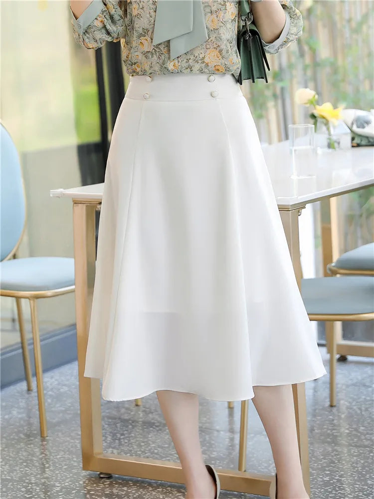 Skirt Women Spring Summer Skirts Korean Fashion Elegant High Waisted White Pink Black Midi Skirts